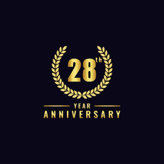 Vector illustration of a birthday logo number 28 with gold color, can be used as a logo for birthdays, leaflets and corporate birthday brochures. - Vector