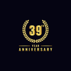 Vector illustration of a birthday logo number 39 with gold color, can be used as a logo for birthdays, leaflets and corporate birthday brochures. - Vector
