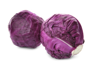 Whole ripe red cabbages on white background