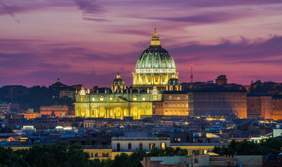 Saint Peters Basilica at sunset in Rome as seen from the Pincio Terrace. Italy.