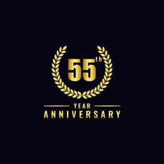 Vector illustration of a birthday logo number 55 with gold color, can be used as a logo for birthdays, leaflets and corporate birthday brochures. - Vector