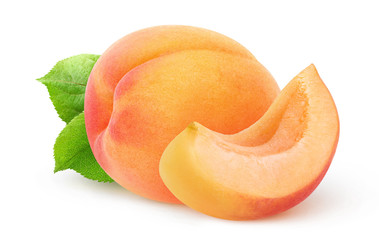 Naklejka na ściany i meble Isolated apricots. One whole apricut fruit and cutout wedge isolated on white background with clipping path