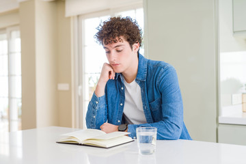 Young man reading a book at home serious face thinking about question, very confused idea