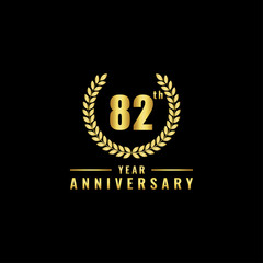 Vector illustration of a birthday logo number 82 with gold color, can be used as a logo for birthdays, leaflets and corporate birthday brochures. - Vector