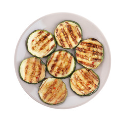 Grilled zucchini slices on white background, top view