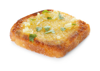 Slice of toasted bread with garlic and herb on white background