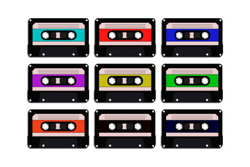 Cassette tapes in 9 different colors, icons, logos - flat design