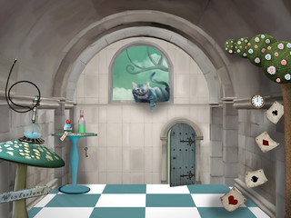 Wonderland series - surreal room with a Cheshire cat and a table