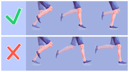 Natural running. Wrong and right stages of running. Healthy steps of run, lifestyle concept. Vector flat illustration.