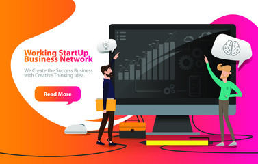working of startup business network meeting conference brainstorming for idea, sucess of marketing plan strategy financial, officer with corporate workspace by ai technology in vector cartoon illustra
