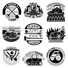 Farming equipment logo set. Simple set of farming equipment vector logo for web design on white background