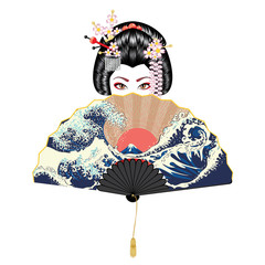 Geisha and fan with seascape