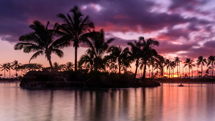 Fototapeta na wymiar Sun setting on an Hawaiian beach. The sky is purple, red and orange, as the sun dips behind the silhouetted palm trees, on Oahu, Hawaii 