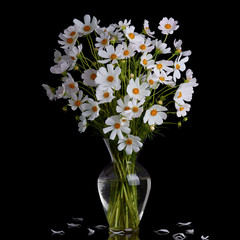 bouquet of white flowers in a vase on a black background