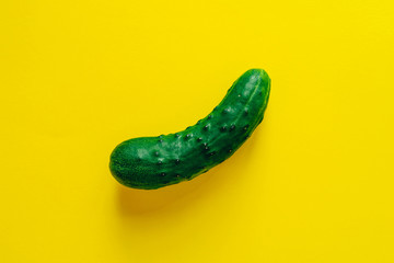 One ripe cucumber on yellow background. Flat lay.