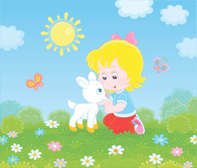 Happy little girl playing with a small white kid among wildflowers on green grass of a summer field on a sunny day, vector illustration in a cartoon style