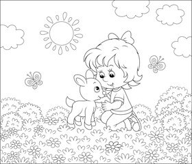 Happy little girl playing with a small kid among wildflowers on grass of a summer field on a sunny day, black and white vector illustration in a cartoon style for a coloring book