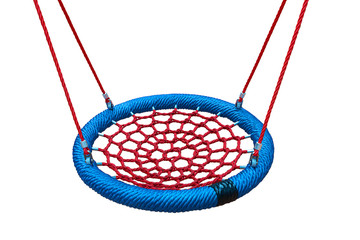 Rope circle blue seat on a white background. Red rope web for swing closeup. An isolated circle.
