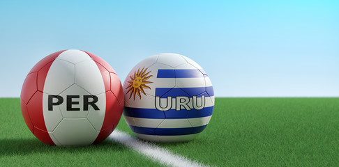 Peru vs. Uruguay Soccer Match - Soccer balls in Uruguay and Peru national colors on a soccer field. Copy space on the right side - 3D Rendering 