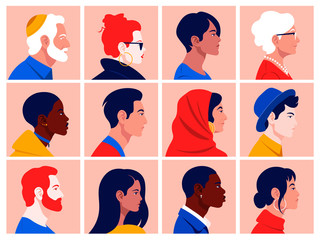 A set of people's faces in profile: men, women, young and elderly of different races and nations. Diversity.  Avatars. Vector flat Illustration