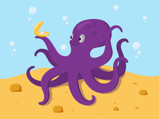 Cartoon octopus holding a shell with a pearl in its tentacles