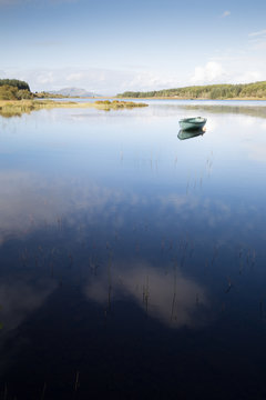 A tranquil inland Scottish loch has a rowing boat with reflection. Mountains and forestry on the horizon with blue summer sky.Vertical - Image