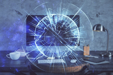 Multi exposure of business theme icons and table with computer background. Concept of success.