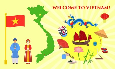 Fototapeta premium Welcome to Vietnam concept banner. Flat illustration of welcome to Vietnam vector concept banner for web design