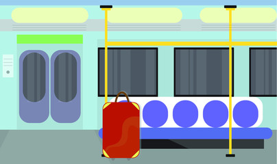 Someone forgot a suitcase in an empty subway car. Lonely suitcase in the subway. Color picture metro, vector graphics.