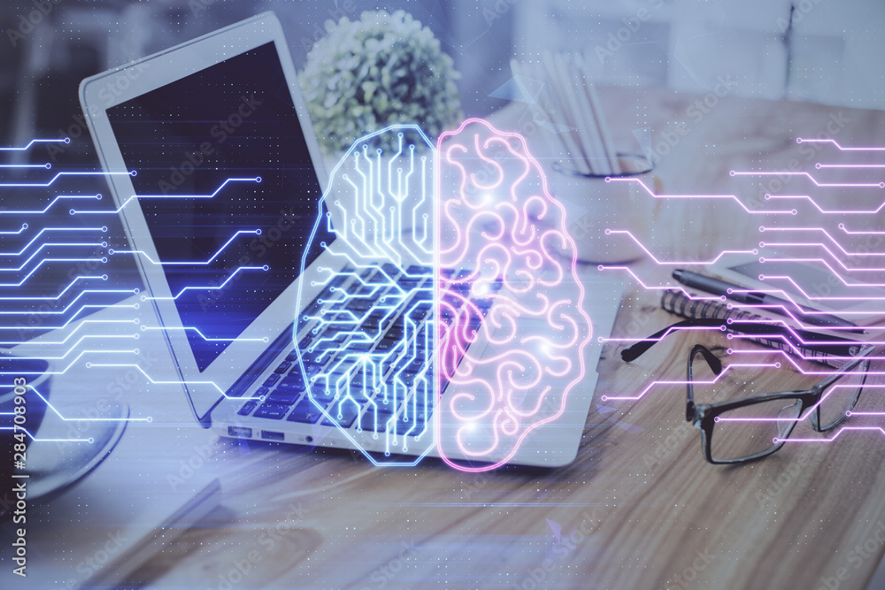 Poster Double exposure of desktop with computer and brain drawing hologram. Artificial intelligence concept.
