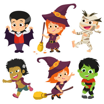 Happy Halloween. Set of cute cartoon children in colorful halloween costumes:witches,dragula,mummy,frankenstein,zombie.Cartoon icon set for halloween kid design.