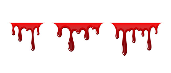 Blood drip 3D set. Drop blood isloated white background. Happy Halloween decoration design. Red splatter stain, splash spot, horror blot. Bleeding bloodstain texture. Liquid paint. Vector illustraton