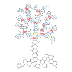 A fantastic tree made up of an air molecule, which includes elements such as oxygen, carbon, nitrogen, and other impurities
