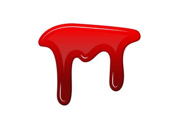 Blood drip 3D. Drop blood isloated white background. Happy Halloween decoration design. Red splatter stain splash spot, horror blot. Bleeding bloodstain scare texture. Liquid paint. Vector illustraton