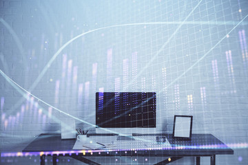 Stock market graph and table with computer background. Double exposure. Concept of financial analysis.