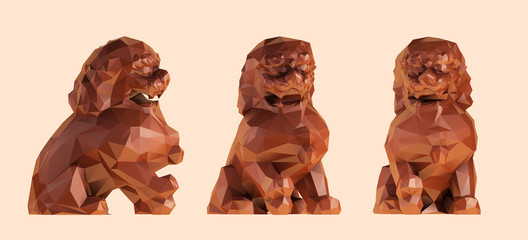 Clay Guardian Lion. Set of Brown Shiny Chinese Lions on Isolated Background. Low Poly Vector 3D Rendering