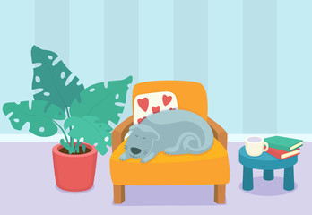 Living room interior design with sleeping dog and furniture: chair, pillows, plant and table with books and cup. Modern design interior. Flat style vector illustration.