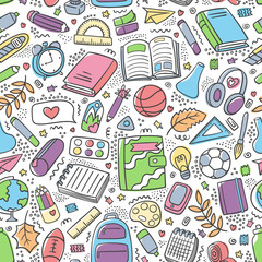 Back to school color pattern doodle. Different school supplies and tools background First day of school. Education pattern. Pen, pencil, book, ball, globe, ball, backpack, chemistry flasks, ruler.