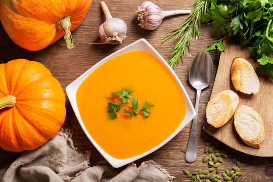 Pumpkin Soup With Ingredients For Cooking, Top View