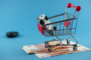 grocery cart on the money, Russian money, five thousand rubles, the background image