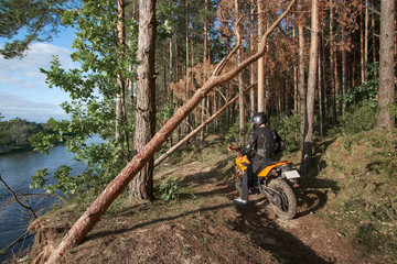 Man in black helmet, black jeans and black protective jacket travels by orange enduro bike in forest.