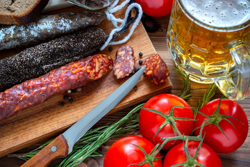 Homemade sausage barbecue. Picnic menu. Festive food. Oktoberfest.