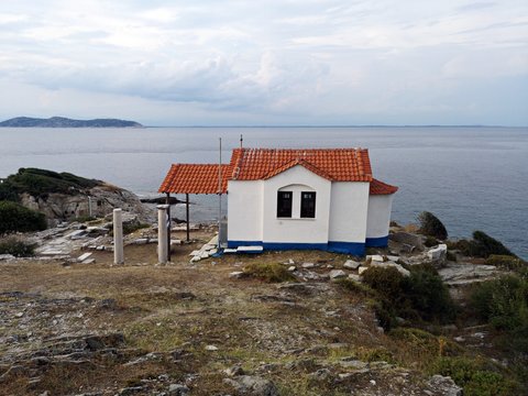 Thasos island symbol, the Two Apostoles Church near Karnagio Beach and Limenas Town.