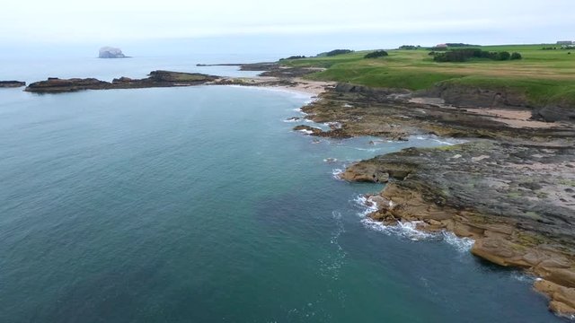 View from the air to  Haugh Road Beach and Milsey Bay, North Sea, North Berwick. Scotland.  Aerial view drone