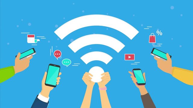 Wifi concept graphic motion of young men and women using smartphones happy to watch video, texting messages, reading news and shopping. Flat human hands hold big wi-fi sign on blue background