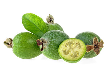 Feijoa with green leaves on a white background. Full depth of field.