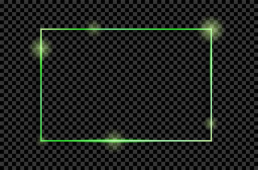 Green shiny glowing vintage frame with shadows isolated on transparent background. Green luxury realistic rectangle border. Vector