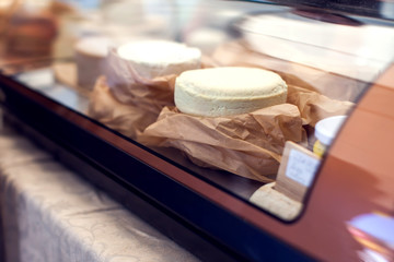 Different kinds of cheese at cheese festival. Organic and farm food