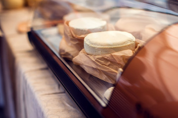 Different kinds of cheese at cheese festival. Organic and farm food