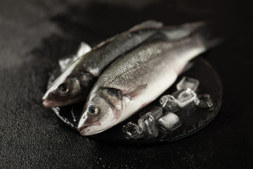 Fresh labrax on ice, raw sea fish. Protein and omega 3.